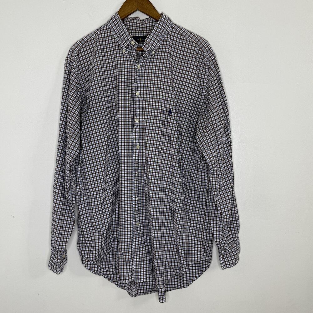 Ralph Lauren Shirt Mens XLT Brown Check Button Down Long Sleeve Embroidered